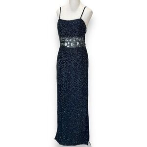 Vtg 90’s Dress Gown Sean Collection Sz L 100% Silk Blue Beaded Prom Even…